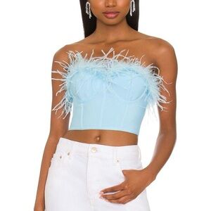 Superdown Revolve Ramona Feather Bustier Crop Top  XXS Blue Strapless Bra Corset